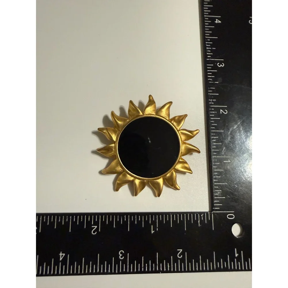 Vintage‎ Gold Tone Black Enamel Sunburst Sun Brooch Pin Celestial Statement